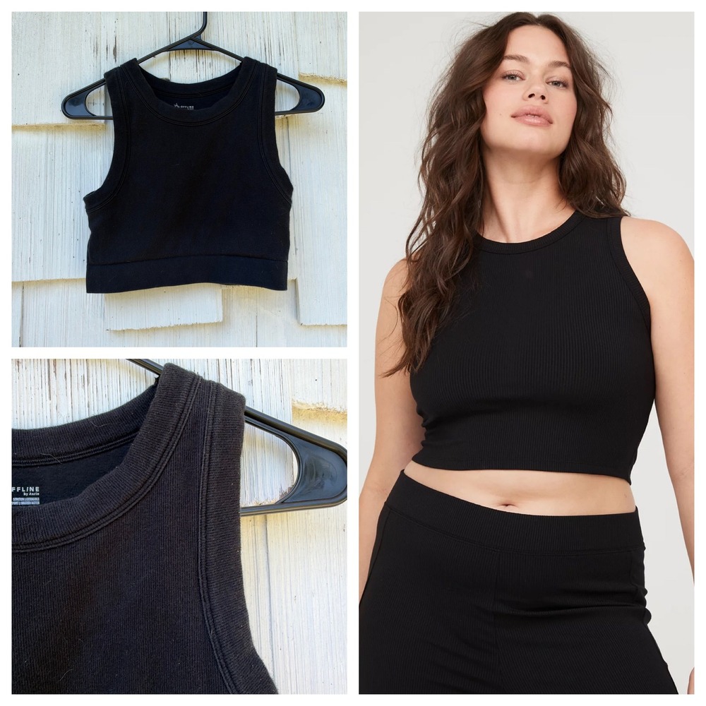 OFFLINE by Aerie Thumbs Up Heavyweight Ribbed Tank Top Black Large Support